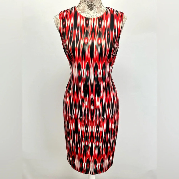 CALVIN KLEIN Red and black abstract print sleeveless sheath dress size 8 - Picture 2 of 14